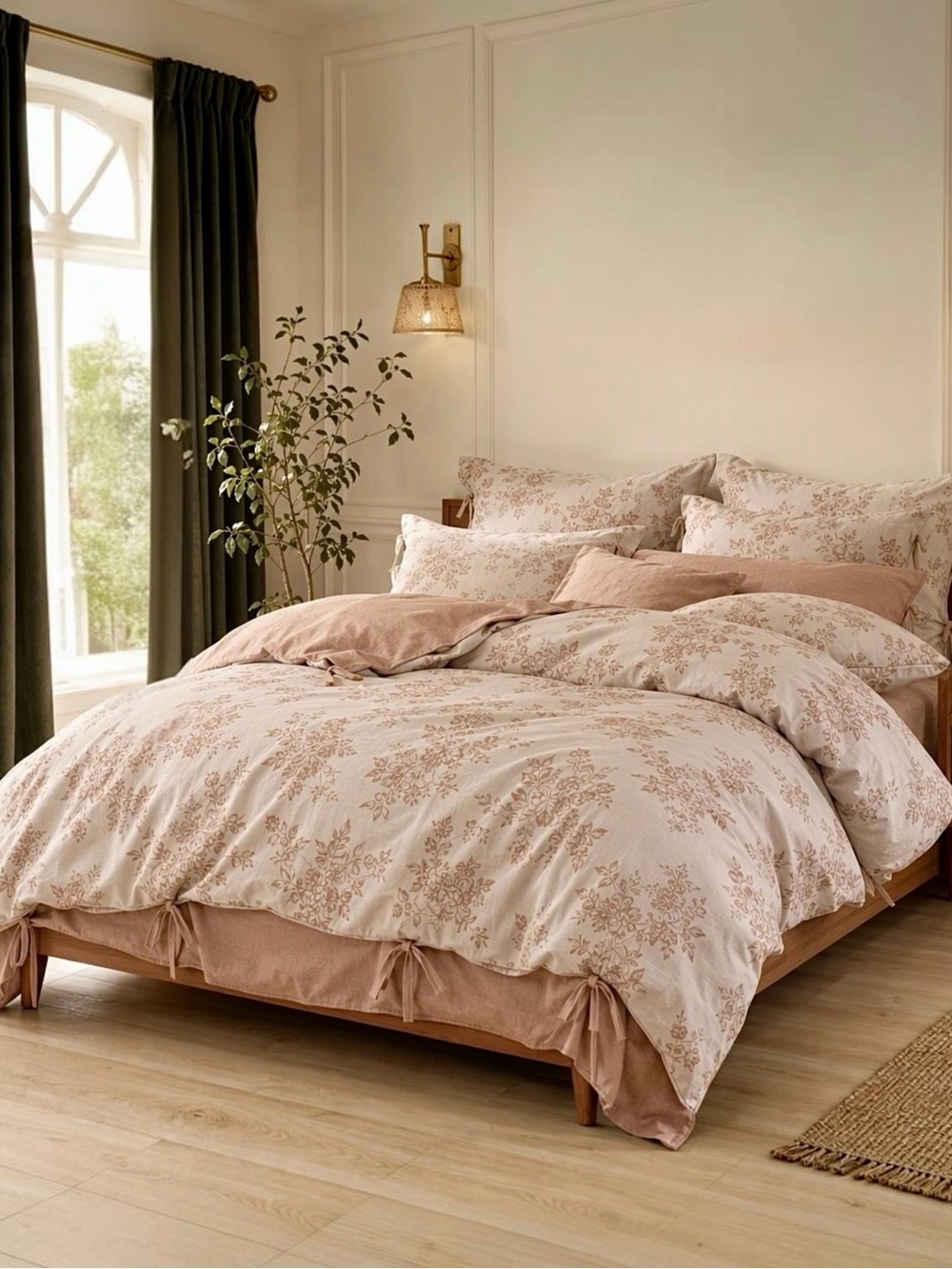 NEW Anthropologie Pink Floral Jacquard Linen Cotton Bedding Duvet & Sham Set
